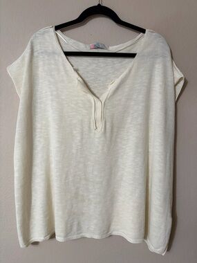 Free People Beach Grand Slam Tee Ivory White Henley Linen Blend Large 170/104B